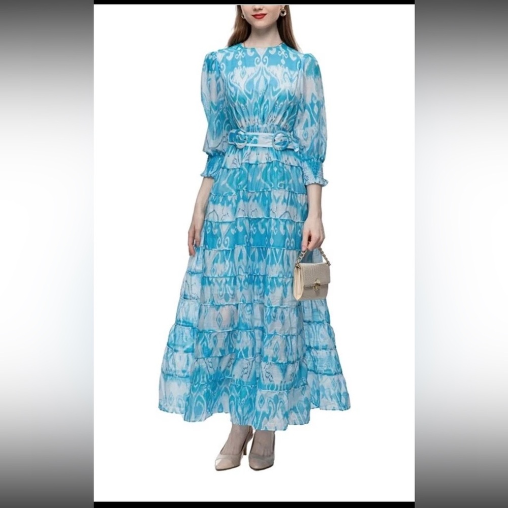 BURRYCO Belted Blue and White Print Tiered Maxi Dress in Size 8 NWT
